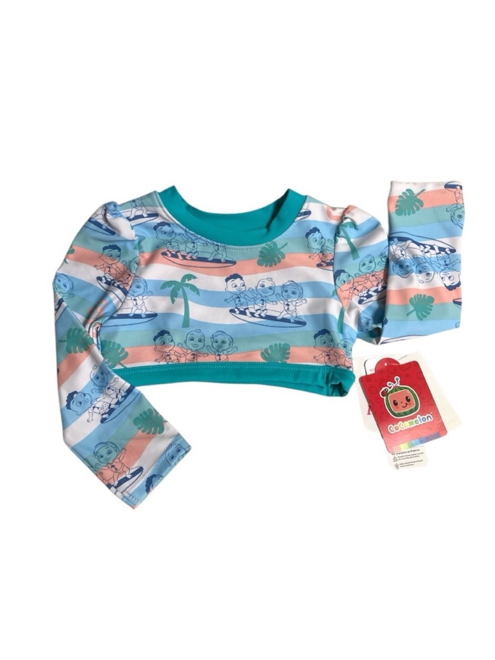 CoComelon' Long-Sleeve Swim Rashguard Character Set in Aqua & Coral Stripe - Picture 4 of 16